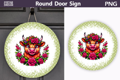 Highland Cow Floral Door Sign | Round Sublimation PNG Product Image 1