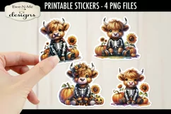 Highland Cow Skeleton Printable Stickers | 4 PNG Stickers Product Image 1