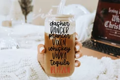 Get ready to spread some holiday cheer with this hilarious Funny Christmas SVG! Featuring the beloved Santa's reindeer Dasher, Dancer, Prancer, Vixen, and Blitzen, alongside their not-so-traditional buddies Whiskey, Vodka, and Tequila, this Drunk Christma