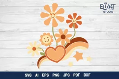 Hippie Flowers SVG Groovy Design with Heart and Stars, Retro Summer PNG Illustration for Cricut and Silhouette Cutting Machines