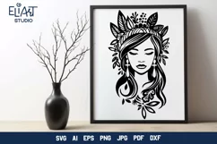 Hippie Girl SVG Design. This Floral Indian Girl PNG Illustration is Compatible with Cricut and Silhouette Machines