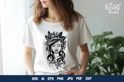 Hippie Girl SVG Design. This Floral Indian Girl PNG Illustration is Compatible with Cricut and Silhouette Machines