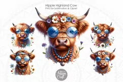 Hippie Highland Cow wearing glasses, beads and flowers PNG file. Digital Download