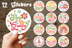 Hippie stickers png bundle Groovy round stickers retro 70s Product Image 1