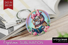 Hippo Reading Keychain PNG Book Lover Keychain Sublimation Product Image 1