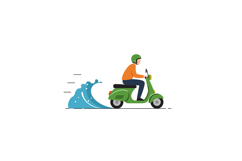 A person riding a green scooter with a splash of water in a Product Image 1