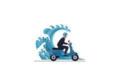 A man riding a blue scooter splashing through waves in flat Product Image 1