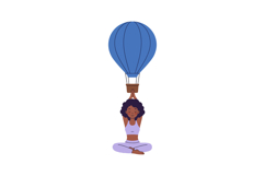 A woman sitting cross-legged under a blue hot air balloon in Product Image 1