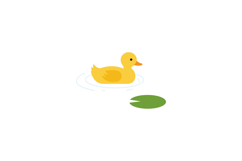 A cheerful yellow duck floating on a calm pond with lily pad Product Image 1