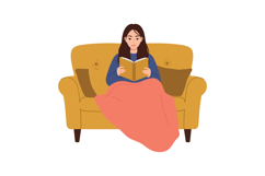 A woman reading a book on a cozy yellow sofa with a pink bla Product Image 1