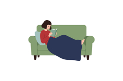 A woman relaxing on a green couch reading a book in flat vec Product Image 1