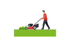 A man mowing grass with a lawnmower in a flat, minimal vecto Product Image 1