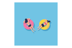 Two women relaxing on colorful pool floats in a serene summe Product Image 1