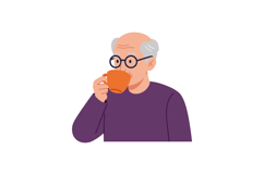 Elderly man sipping tea with glasses wearing a purple sweate Product Image 1