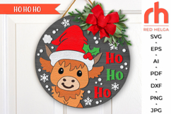 ho ho ho svg, cow santa hat svg, baby highland cow svg, welcome sign svg, christmas door sign svg, seasonal hanger svg, round hanging sign svg, laser cut file, layered xmas sign svg, farmhouse sign dxf, christmas circle sign svg, winter animal svg