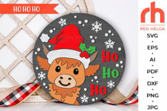 ho ho ho svg, cow santa hat svg, baby highland cow svg, welcome sign svg, christmas door sign svg, seasonal hanger svg, round hanging sign svg, laser cut file, layered xmas sign svg, farmhouse sign dxf, christmas circle sign svg, winter animal svg
