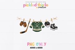 Baby hockey themed graphic with vintage hockey gear including gloves, stick, baby jersey, helmet, and skates arranged on a clothesline.