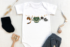 Hockey baby clothesline graphic featuring hockey gloves, stick, baby jersey, helmet, and skates hanging on a rope with clothespins.