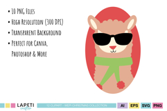 Holiday alpaca clipart pack in kawaii style with scarves, hats, and Christmas details.