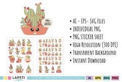 Festive cactus clipart collection with Christmas succulents, individual PNGs and sticker sheets shown in pastel holiday palette.