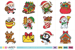 Full Christmas clipart pack featuring Santa, elves, reindeer, penguin, cocoa mug, gifts, and festive decorations.