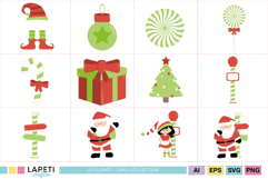 Red and green Christmas clipart set with Santa, elf, ornament, candy cane, tree, and gift illustrations.