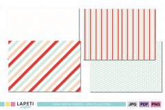 Modern Christmas digital papers with candy cane stripes, tiny dots, and mint green geometric hearts, ideal for crafts and printables.