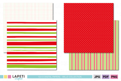 Christmas paper set with red and green stripes, small stars, dots, and grid backgrounds for holiday crafts.