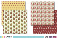 Festive pattern pack with Christmas gifts, bows, and Santa hats in red and cream, ideal for cardmaking and wrapping.