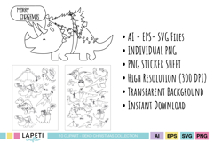 Dinosaur Christmas outline clipart set featuring festive dino illustrations