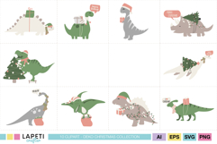 Christmas dinosaur clipart pack suitable for stickers, scrapbooking and printable crafts