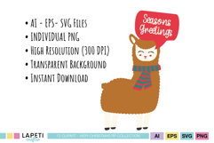 Christmas llama illustrations with winter outfits and seasonal greetings.
