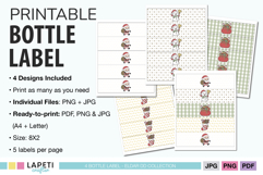 Printable bottle label decorated with Christmas stocking illustration.