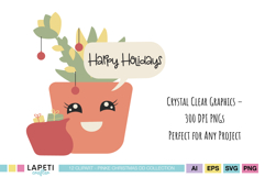 Cute Christmas plant illustrations including cactus with gifts, succulents, and Santa pot, pastel kawaii clipart pack.