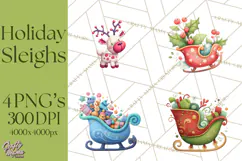Christmas Sleighs Clipart PNG, Holiday Vehicles & Reindeer Product Image 1