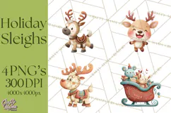 Christmas Sleighs Clipart PNG, Holiday Vehicles & Reindeer Product Image 1
