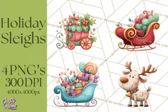 Christmas Sleighs Clipart PNG, Holiday Vehicles & Reindeer Product Image 1