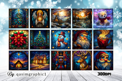 Holiday stained glass art collection with Christmas tree, nativity scene, and candy cane designs — high-resolution PNG printable clipart set