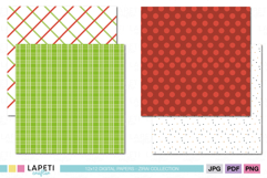 Christmas pattern set featuring red and green stripes, polka dots, and plaid digital backgrounds in festive colors.