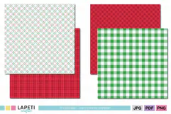 Christmas scrapbook papers featuring festive red, green, pink and white plaid designs.
