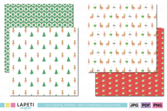 Holiday scrapbook papers with llamas, gifts, and trees in kawaii style.