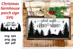 Silent night Holy night SVG Christmas farmhouse porch or door sign with Xmas trees and stars. Horizontal hand drawn design for season home decoration, rectangular signs, frames, door mat 