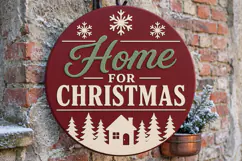 Home For Christmas Door Hanger SVG, Round Wooden Laser Cut Product Image 2