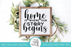 farmhouse home quote on white canvas in a wood frame