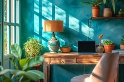 Scandinavian Interior Home Office with Plants Vases &amp; Table Product Image 1