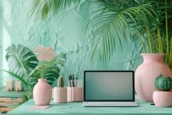 laptop with vases on the green table Product Image 1
