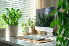 Office Room with Computer &amp; Green Plant vases on the table Product Image 1