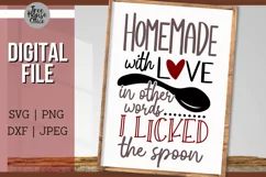 Homemade with Love In Other Words I Licked the Spoon Funny Kitchen Sign Digital File shown in a wood frame with red and black writing