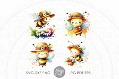 clipart bundle shows a cute honey bee wearing a straw hat with flowers as digital download 