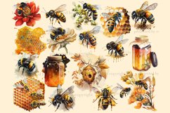 Watercolor clipart of bees, wasps, hornets, honey in a glass jar, wooden spoon for honey, honeycombs with bees on them. Bees collect pollen from flowers, flying bees. Bee hive on a tree branch and foliage.